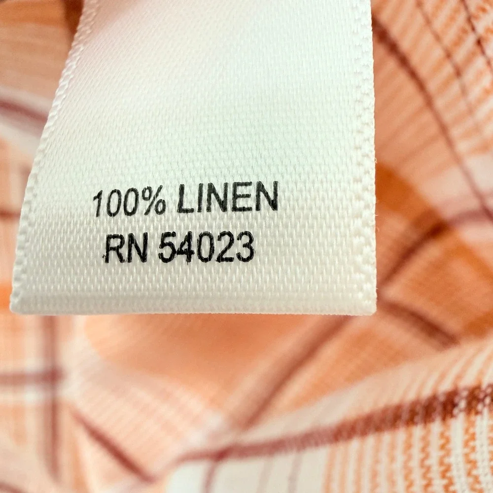 Banana Republic Linen Shirt Large Orange Plaid Coastal Beachy Minimalist Rustic